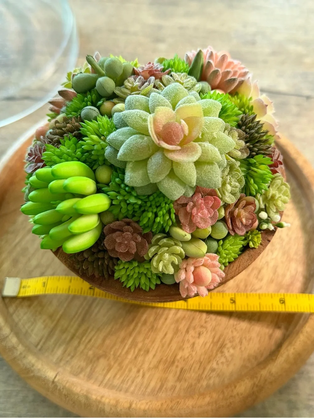 Handcrafted Faux Succulent Arrangement in Wooden Bowl (Glass Dome)